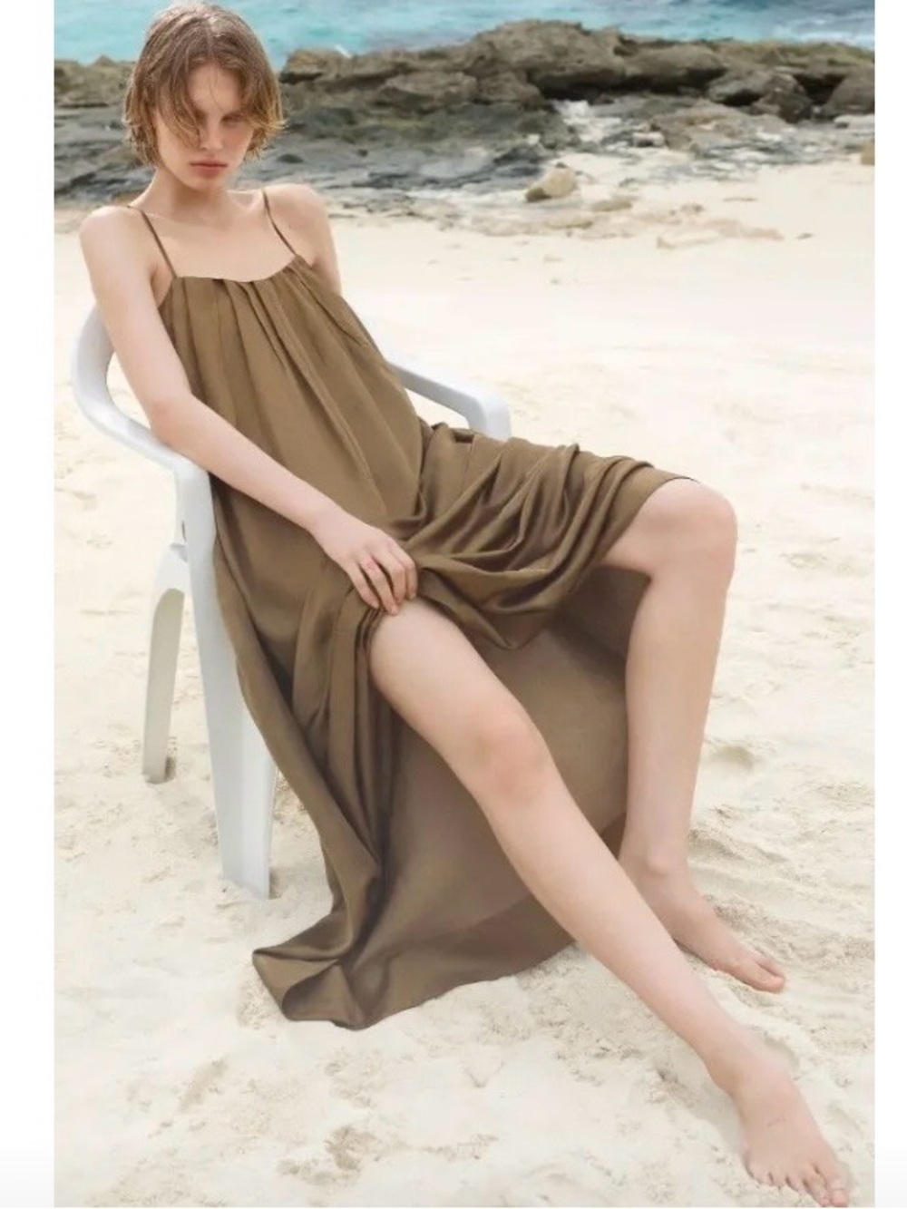 COS Spaghetti-Strap Pleated Maxi Dress — Olive Brown